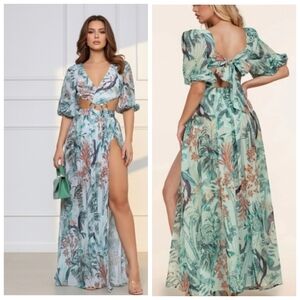 L’ATISTE by Amy Tropical Cut Out Maxi Dress Size L Elastic Waist Slit